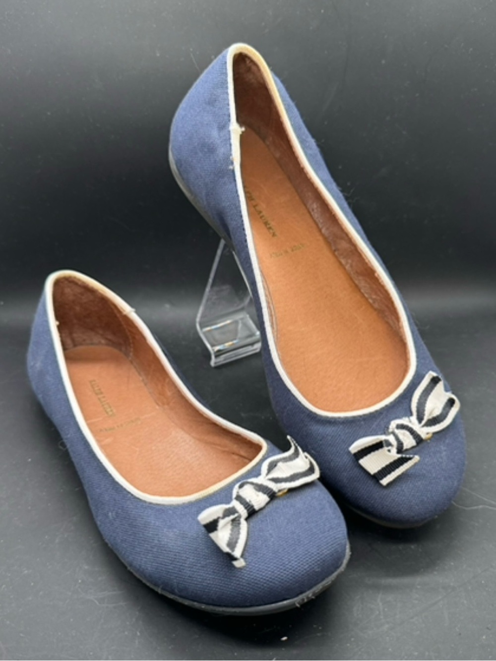 Girls Ralph Lauren Blue Fabric Slip On Flat Ballet Shoes With Bow Size 4